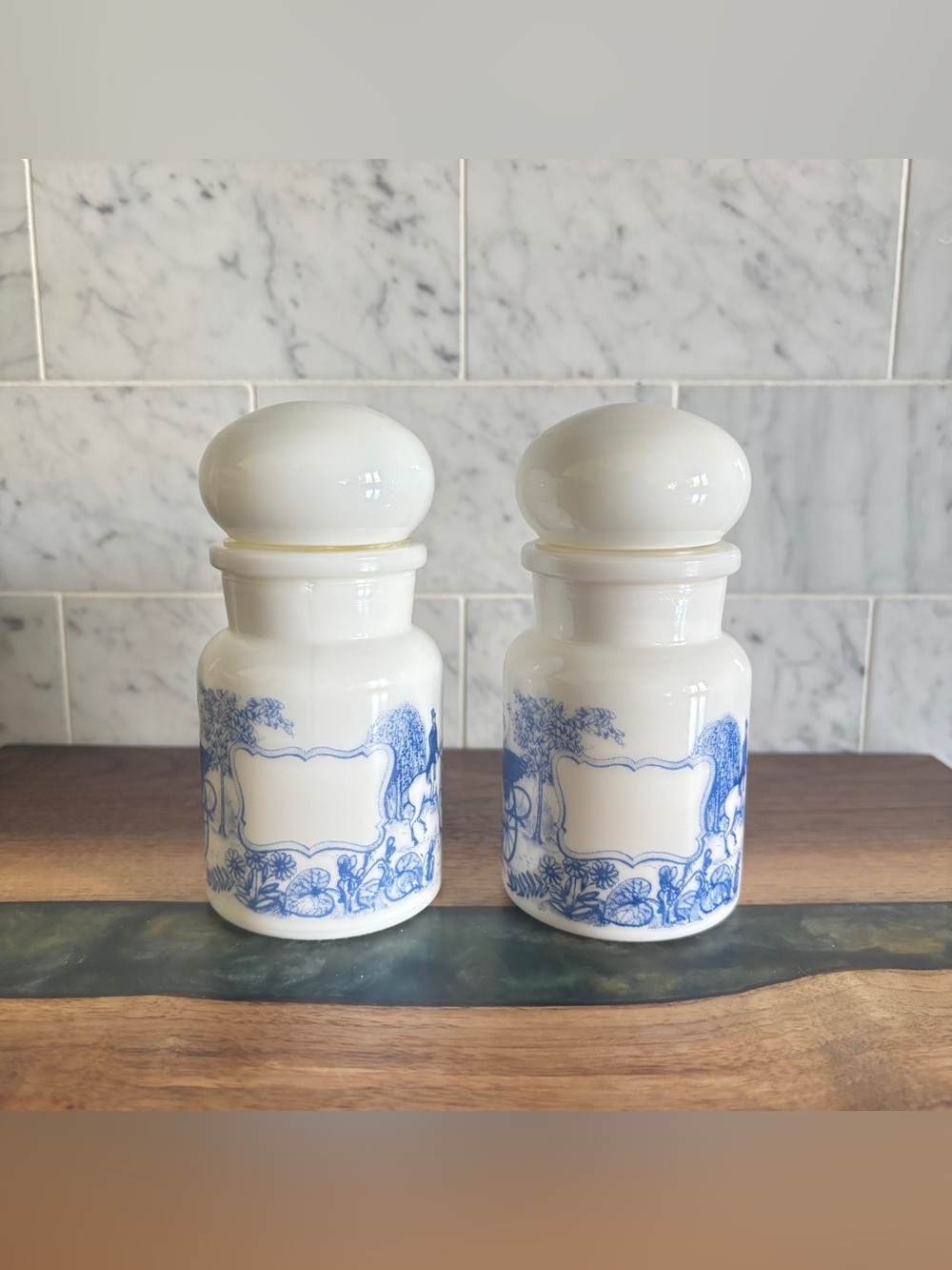 Vintage Pair of Belgian Milk Glass Apothecary Jars with Blue Transferware